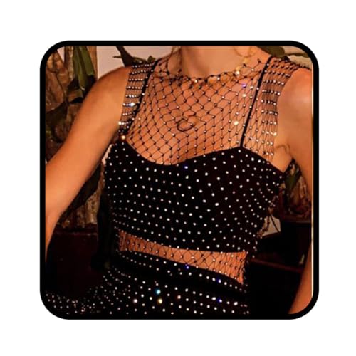 Ushiny Mesh Kristall Top Festival Outfit Strasssteine Fischnetz ausgehöhltes Tank Top glitzerndes Körper Accessoire für Frauen und Mädchen(Schwarz) von Ushiny