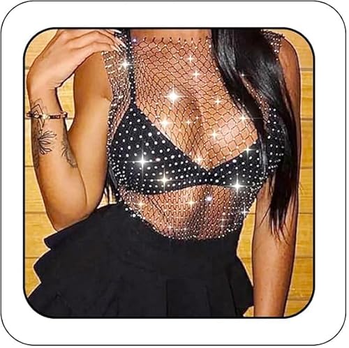 Ushiny Glitzer Strass Mesh Oberteil Schwarz Kristall Mesh Tank Top Festival Outfit Für Frauen von Ushiny