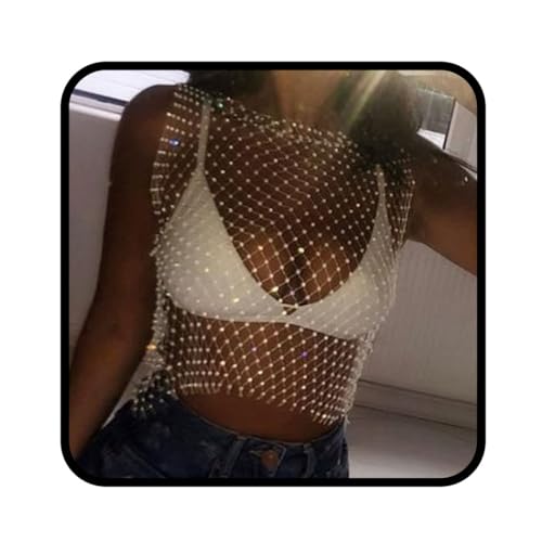 Ushiny Mesh Kristall Top Festival Outfit Strasssteine Fischnetz ausgehöhltes Tank Top glitzerndes Körper Accessoire für Frauen und Mädchen(Weiß) von Ushiny