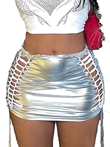 Ushiny Minirock Sexy Metallic Rock Glitzer Rock Elastisch Rüschen Rock Party Tie Up Cut Out Rave Rock für Frauen und Mädchen, silber, 44 von Ushiny