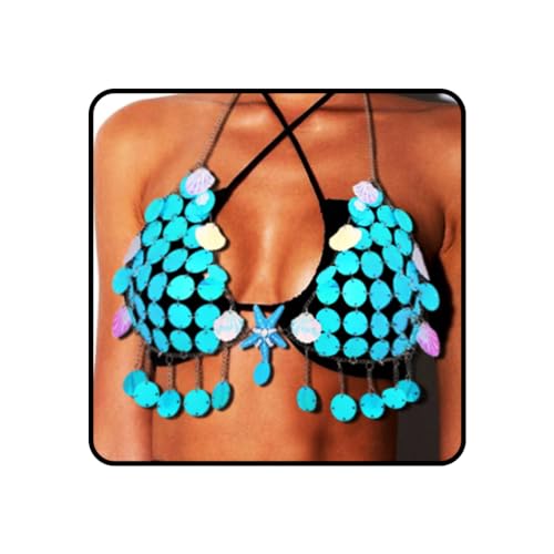 Ushiny Muschel Bikini Ketten BH blauer Pailletten BH Kettenhemd Seestern Rave Accessoires Strandquaste Körperkette für Frauen und Mädchen von Ushiny