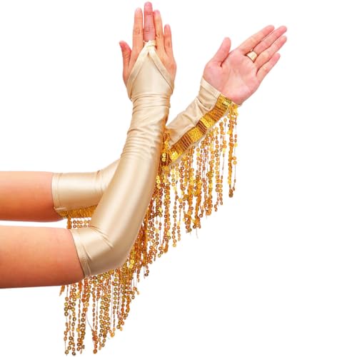 Ushiny Pailletten Fransenhandschuhe glitzernder Handschuh fingerlose Quastenhandschuhe, Prom-Rave-Outfit für Frauen und Mädchen (Gold) von Ushiny