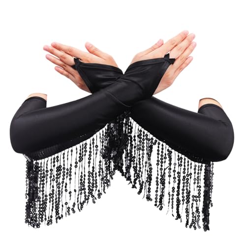 Ushiny Pailletten Fransenhandschuhe glitzernder Handschuh fingerlose Quastenhandschuhe, Prom-Rave-Outfit für Frauen und Mädchen (Schwarz) von Ushiny