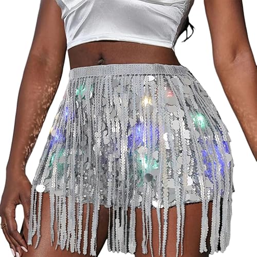 Ushiny Pailletten Quasten Shorts leuchtende Silberne Fransen kurzes LED Festival Kostüm Rave Outfit für Frauen und Mädchen von Ushiny