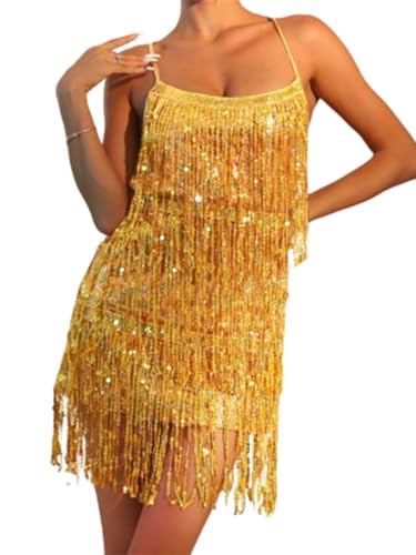 Ushiny Pailletten Quastenkleid glitzerndes Tanzkleid Fransen Kleider Festival Kostüm Rave Outfit für Frauen und Mädchen (DE/NL/SE/PL, Alphanumerisch, Einheitsgröße, Regular, Regular, Gold) von Ushiny