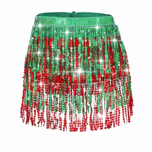Ushiny Weihnachten Pailletten Quastenrock Silvester Rave Outfit Festival Kostüm Fransenröcke Ballett Tanz Hüfttuch für Damen und Mädchen（bunt 5） von Ushiny