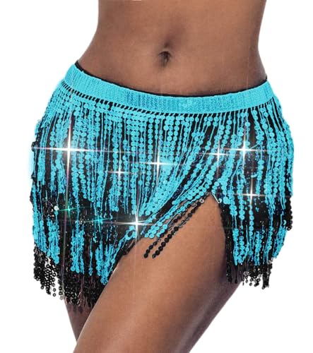 Ushiny Pailletten Quastenrock Rave Outfit Festival Kostüm Fransenröcke Ballett Tanz Hüfttuch für Damen und Mädchen（bunt 9） von Ushiny