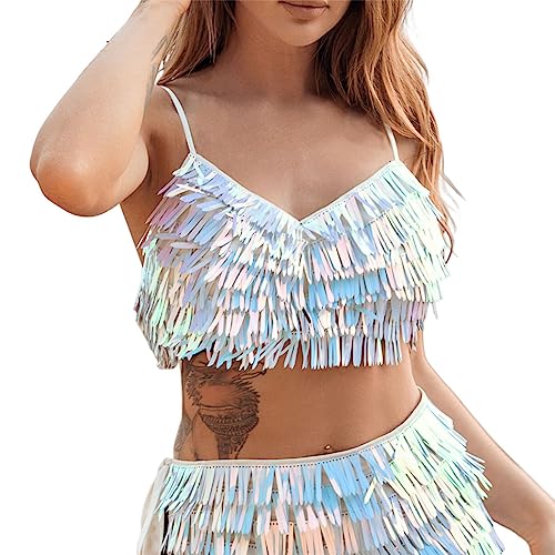 Ushiny Pailletten Top Bunt Glänzend Quaste Westen Rave Outfit Holografisches Festival Funkelnd Fransen Crop Top für Frauen und Mädchen von Ushiny