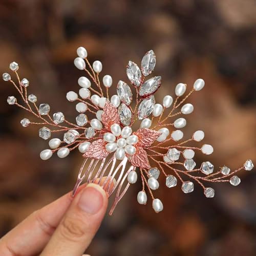 Ushiny Perle Braut Haar Kamm Rose Gold Blatt Braut Hochzeit Haar Kämme Perlen Haar Zubehör für Frauen von Ushiny