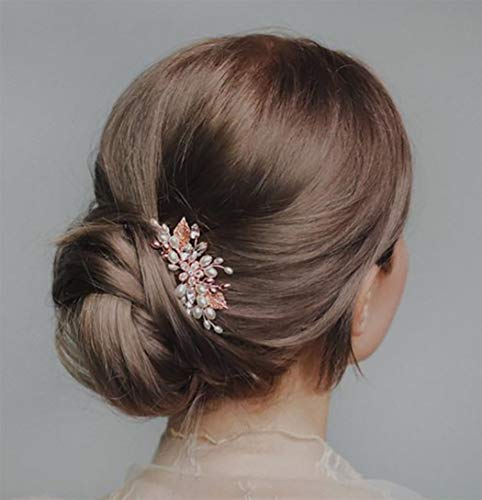 Ushiny Pearl Bride Hochzeit Haarkamm Roségold Kristall Braut Haarschmuck Blumen Haarspange Haarteil für Frauen und Mädchen von Ushiny