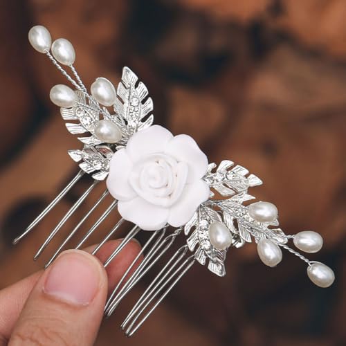 Ushiny Pearl Bride Hochzeit Haarkamm Silber Blumen Kopfschmuck Blatt Haar Seitenkamm für Frauen und Mädchen von Ushiny