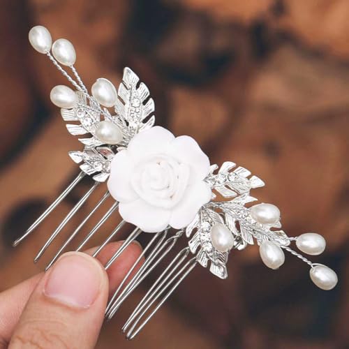 Ushiny Perlen Braut Haarschmuck Silber Blumen Hochzeit Haarklammer für Damen von Ushiny