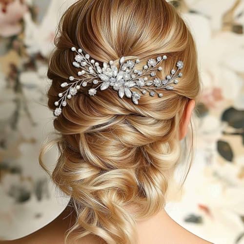 Ushiny Pearl Braut Hochzeit Haar Kamm Silber Haarspangen Kristall Hochzeit Kopfbedeckung Braut Haarschmuck für Frauen von Ushiny