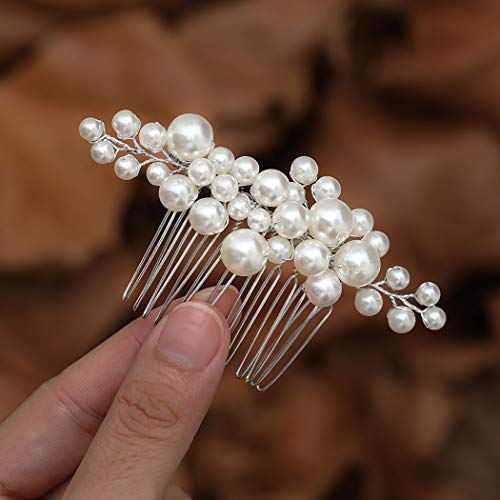 Ushiny Pearl Bride Hochzeit Haarkamm Silber Kopfschmuck Braut Haarschmuck für Frauen und Mädchen von Ushiny