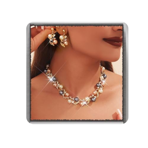 Ushiny Abendkleid Pearl Choker Halskette und Ohrringe Schmuck Set Corful Brautjungfern Blatt Hals und Ohr Zubehör für Damen von Ushiny