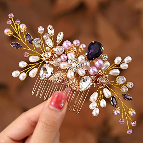 Ushiny Perlen-Hochzeits-Haarkamm Gold Haarschmuck Strass Braut Haarteil Kristall Abschlussball Seitenkamm für Frauen und Mädchen von Ushiny