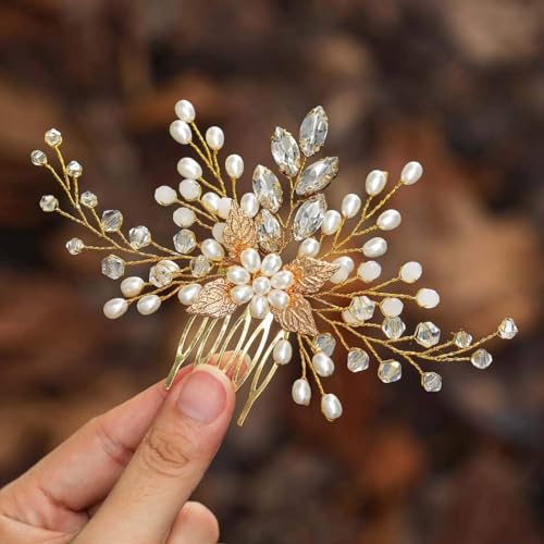 Ushiny Perlenbraut Hochzeits Haarkamm Kristall Braut Haarschmuck Strass Kopfschmuck für Frauen und Mädchen (Gold) von Ushiny