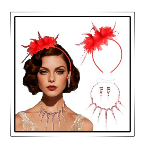 Ushiny Prom Jewrlry Set Rhinestone Necklace Earring and Blumenhut Set for Women (Rot) von Ushiny