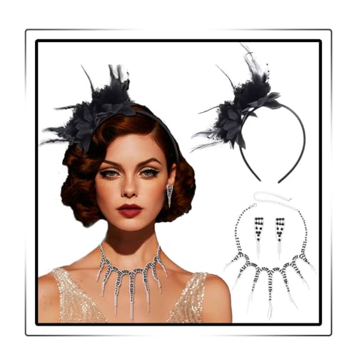 Ushiny Prom Jewrlry Set Rhinestone Necklace Earring and Blumenhut Set for Women (schwarz) von Ushiny