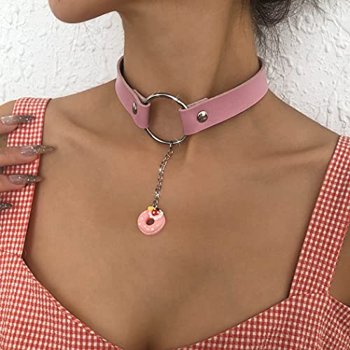 Ushiny Punk Choker Halskette Rosa Leder PU Metall Anhänger Kragen Halskette Gothic Nightclub Rave Halskette Gürtel Schmuck Zubehör für Frauen und Mädchen von Ushiny