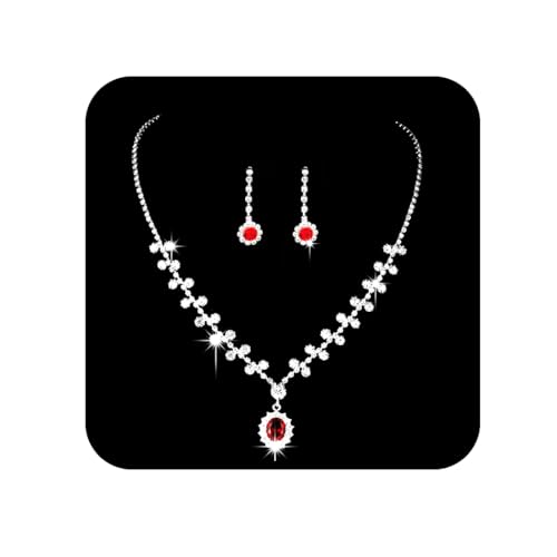 Ushiny Silber Braut Hochzeit Schmuck Sets Rote Strass Halskette und Ohrringe Sets Rote Kristall Tropfen Ohrringe Halskette Schmuck Set für Frauen und Mädchen (#XT-042) von Ushiny