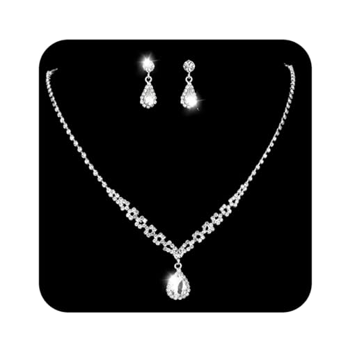 Ushiny Silberne Brautschmuck-Sets Silberne funkelnde Strass-Halskette und Ohrringe-Sets Hochzeit Zirkonia Ohrringe baumeln Halskette Schmuck-Set für Frauen und Mädchen von Ushiny