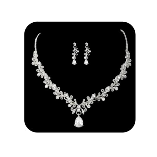 Ushiny Silberne Hochzeitsschmuck-Sets Funkelnde Strass-Halskette und Ohrring-Sets Blumen-Kristall-Ohrring-Halsketten-Schmuck-Set für Frauen und Mädchen (NE-030) von Ushiny