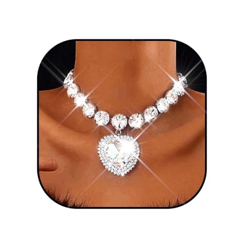 Ushiny Sparkly Kristall Herz Pedant Halskette Schmuck Silber Glänzend Strass Choker Halsketten Prom Hals Zubehör für Damen von Ushiny