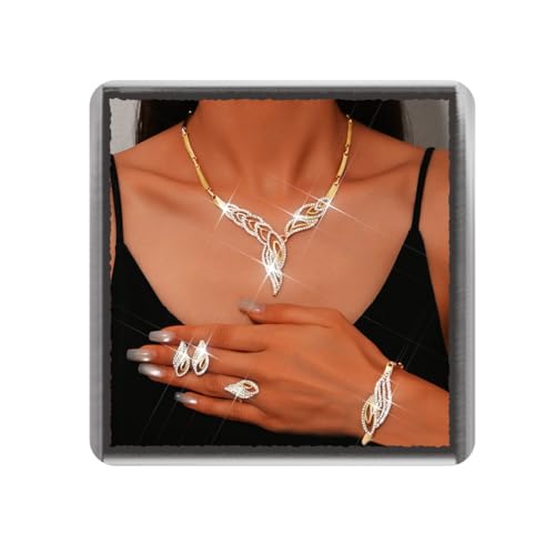 Ushiny Strass Braut Hochzeit Schmuck Set Gold Abendkleid Schmuck Glitter Blatt Halskette Ohrring und Armband Zubehör für Damen von Ushiny