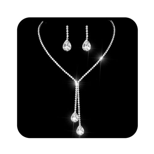 Ushiny Strass-Schmuck-Set für Braut, Hochzeit, mit silberner Tropfen-Kristallkette und Ohrring-Set, baumelnde Tropfen-Ohrring-Schmuck-Sets für Frauen und Mädchen von Ushiny