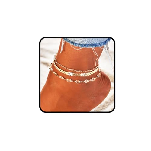 Ushiny Vintage Layered Fußkettchen Strass Fußkettchen Fishbone Fußkettchen Perlen Fußkette Schmuck für Frauen und Mädchen (3 Stück) (Gold) von Ushiny
