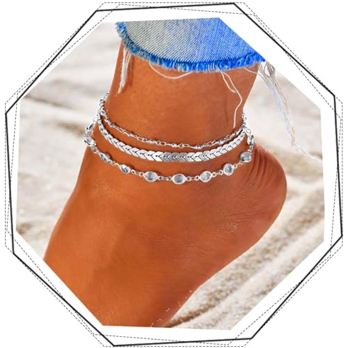 Ushiny Boho Fußkette für Damen Silber Sommerstrand Fussketten Strass Fußkettchen(3 Stück) von Ushiny