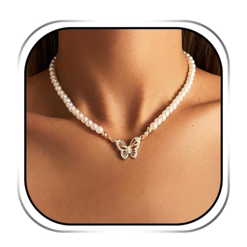 Ushiny Vintage Perlenkette Gold Schmetterling Strass Halsketten Festival Geburtstag Party Halskette Schmuck für Frauen und Mädchen von Ushiny
