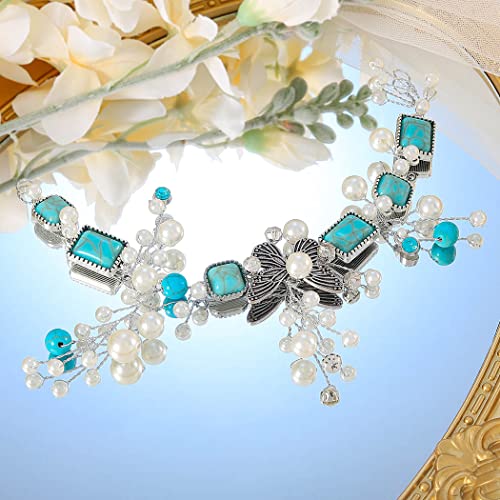 Ushiny Vintage Wedding Headband Silver Bridal Pearl Hair Vine Butterfly Hair Accessories Prom Turquoise Bride Headpiece for Women and Girls von Ushiny