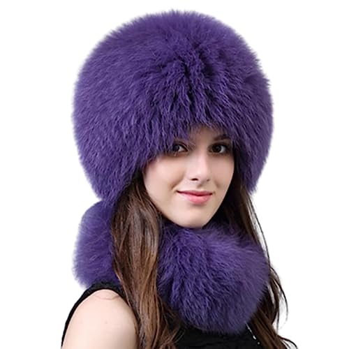 Frauen Pelz Hut Mit Schal, Echte Fuchs Pelz Strickmütze, Winter Warm Weiche Beanie Russian Ushanka Mütze Lässige Pelzmütze Für Radfahren, Ski Outdoor Mode Bomber Kappe,C von Usknxiu