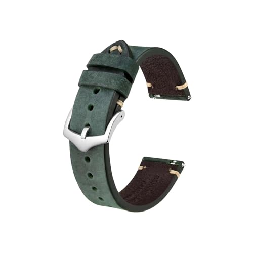 Crazy Horse Leder-Uhrenarmband, 18 mm, 20 mm, 22 mm, passend for die Uhr for Huawei/Samsung Galaxy Gear, Schwarz, Grün, Braun (Color : Green-Silver Buckle, Size : 20mm) von UsmAsk