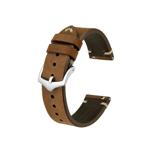 Crazy Horse Leder-Uhrenarmband, 18 mm, 20 mm, 22 mm, passend for die Uhr for Huawei/Samsung Galaxy Gear, Schwarz, Grün, Braun (Color : Tan-Silver Buckle, Size : 18mm) von UsmAsk