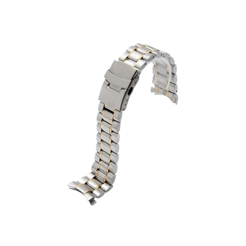 UsmAsk Uhrenarmband mit gebogenem Ende, 18 mm, 20 mm, 22 mm, 24 mm, Ersatz-Uhrenarmband, Doppelverschluss-Verschluss, Edelstahl-Armband mit Werkzeug (Color : Silver Gold, Size : 18mm) von UsmAsk