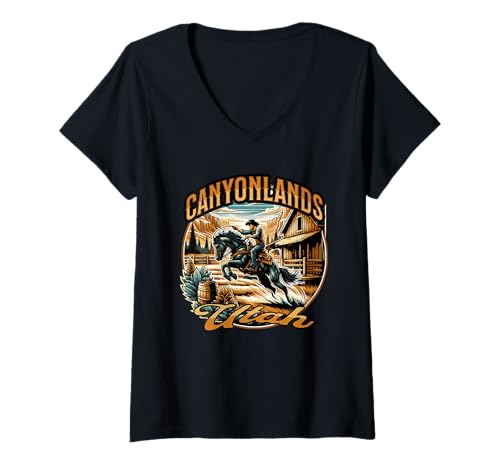 Damen Canyonlands Utah Cowboy Pferd T-Shirt mit V-Ausschnitt Damen Canyonlands Utah Cowboy Pferd T-Shirt mit V-Ausschnitt von Utah Rodeos