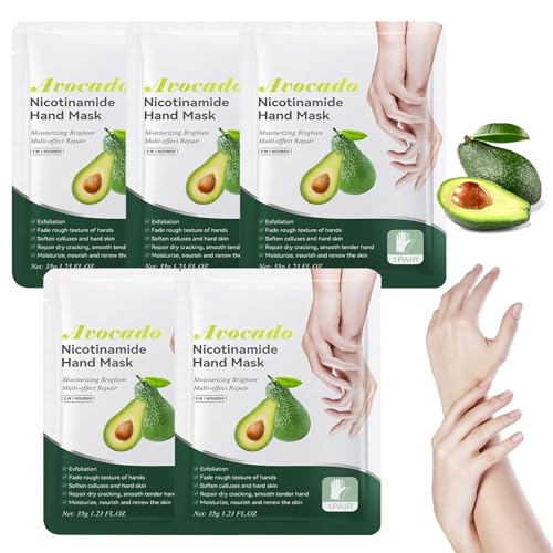 Handmasken, 5 Paar Feuchtigkeitsspendende Handschuhe, Handpflege für Trockene Alternde Rissige Hände für Frauen und Männer, Peeling-Handmasken Mit Avocado-Extrakt von Utapossin