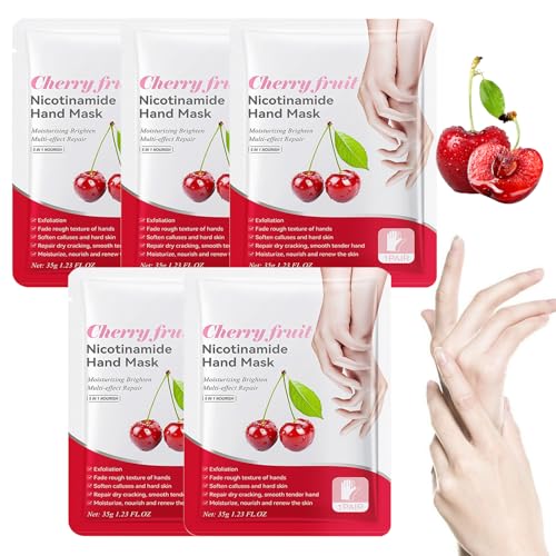 Handmasken, 5 Paar Feuchtigkeitsspendende Handschuhe, Handpflege für Trockene Alternde Rissige Hände für Frauen und Männer, Peeling-Handmasken mit Kirschextrakt von Utapossin