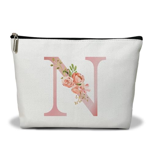 Personalisierte Make-up-Tasche mit Initiale A-Z, Blumenmuster, Geschenk für Frauen, Schwester, Mutter, Freundin, Tochter, Monogramm, Reise-Organizer, Kosmetiktasche mit Reißverschluss, von Utaqer