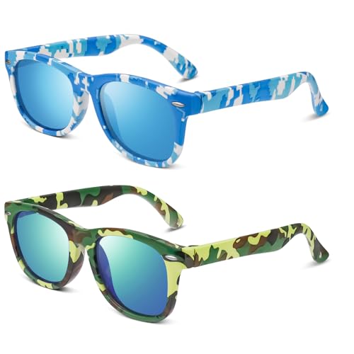 Utensilsto 2 Paare Camo Sonnenbrille für Kinder Gummi Flexible Sonnenbrillen für Jungen Mädchen(Blau weiß und Grün) von Utensilsto