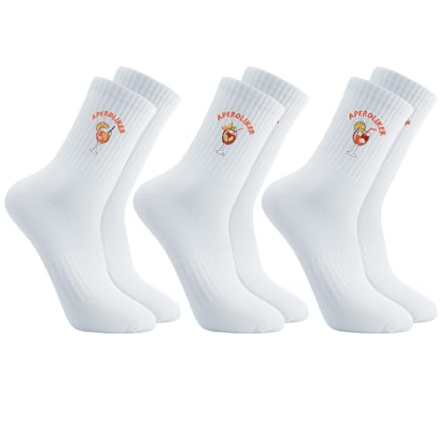 Utensilsto 3 Paar Aperol Socken Tennissocken Damen & Herren 39-42 Sportsocken Weiß Socken mit Aperol Spritz Motiv für Tennis Sport Arbeit, Lustige Geschenke für Aperol-Liebhaber Frau von Utensilsto