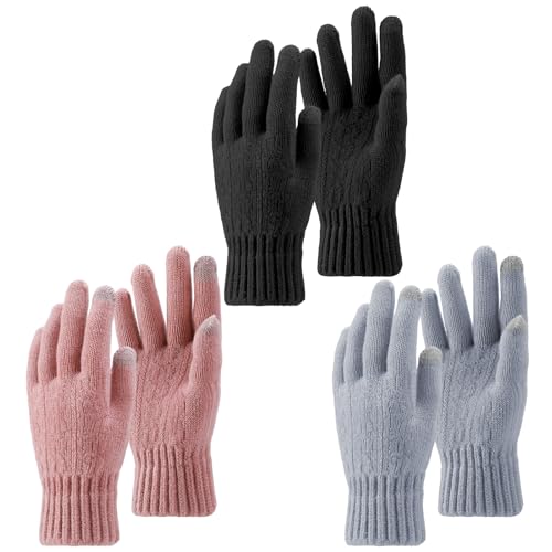 Utensilsto 3 Paar Handschuhe Damen Touchscreen Handschuhe Thermo Winterhandschuhe Wollhandschuhe Frauen Geschenk Weihnachten Schwarz, Grau, Rot von Utensilsto