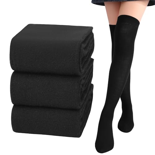Utensilsto 3 Paar Kniestrümpfe,Schwarz Overknees Strümpfe Damen Überknie Socken 45 CM Lange Stiefelstrümpfe für Kurze Röcke von Utensilsto