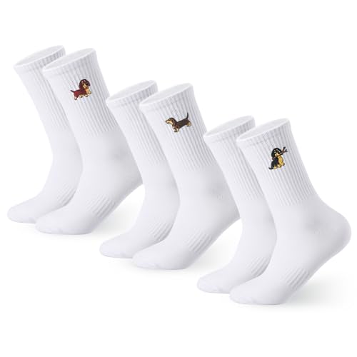Utensilsto 3 Paare Damen Dackelsocken Tennissocken Sportsocken, Dackel Geschenke Atmungsaktive Socken Damen Baumwolle Mittelrohrsocken, Crew Socken für Hundebesitzer 38-42 von Utensilsto