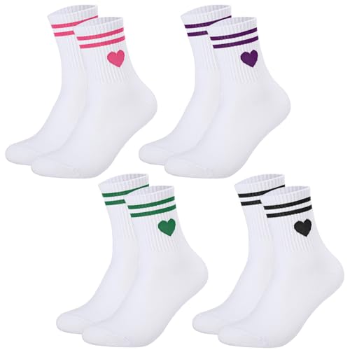 Utensilsto 4 Paar TennisSocken Damen, Baumwolle Socken mit Herzen Streifen Atmungsaktiv 38-42 Sportsocken Weiß von Utensilsto