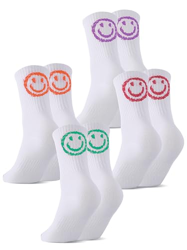 Utensilsto 4 Paar Tennissocken Damen 39-42 Sportsocken Damen Baumwollesocken lustige Socken Geschenke Socken Strümpfe mit lächeln Motiv(Weiß) von Utensilsto