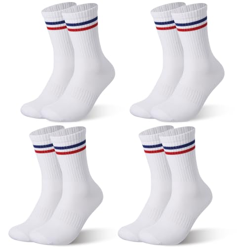 Utensilsto 4 Paar Tennissocken Damen Herren, Unisex Sportsocken Streifen Socken Atmungsaktiv Baumwollsocken Laufsocken Reitsocken 34-38 (Weiß Blau und Rot) von Utensilsto